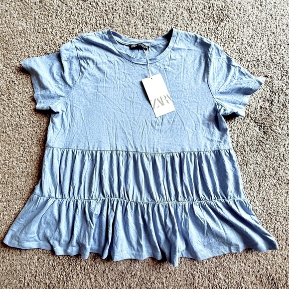Zara Blue Ruffled Short Sleeve Blouse - Picture 1 of 2